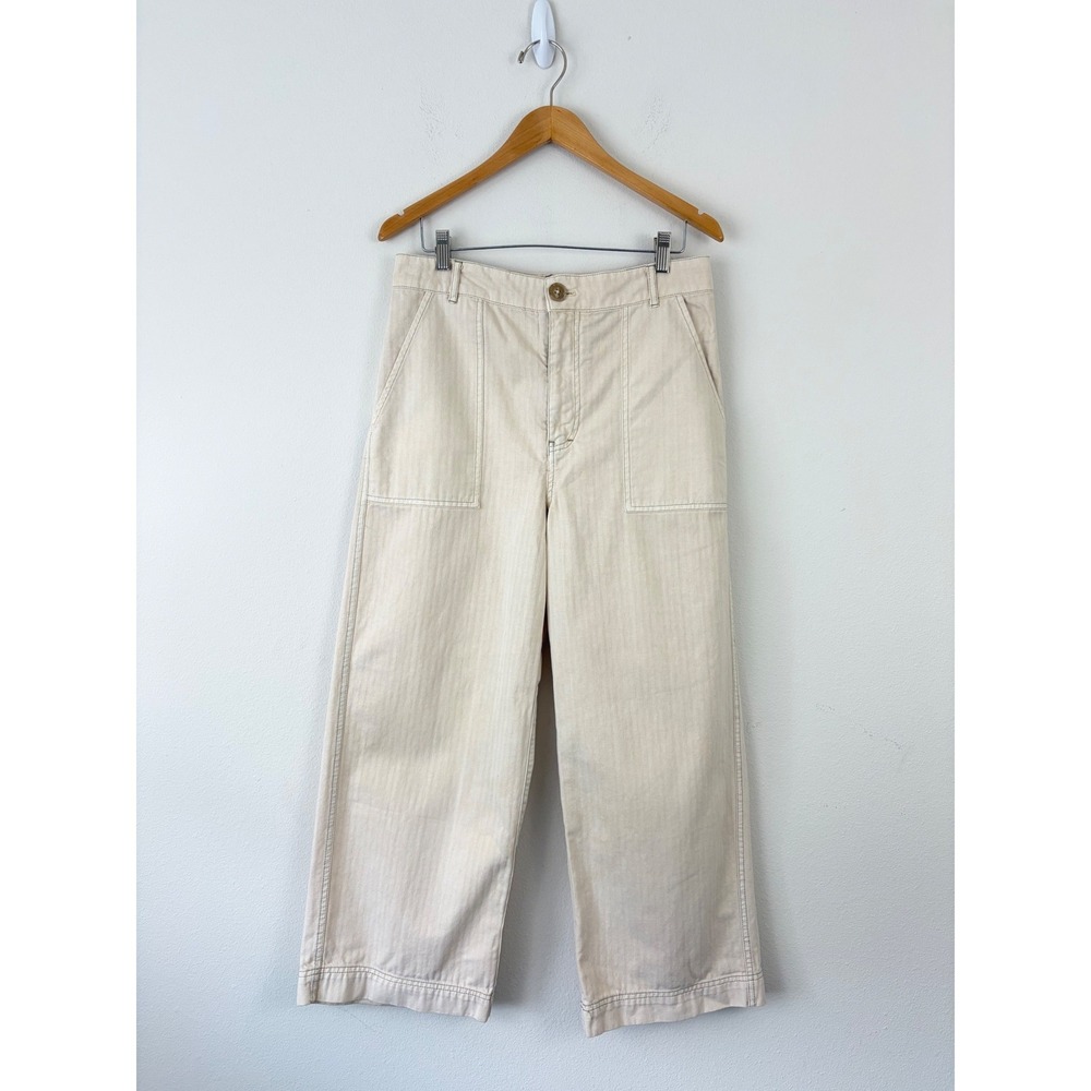 Free People Women 10 Cream Herringbone Wide Leg Utility Crop Earthy Pants